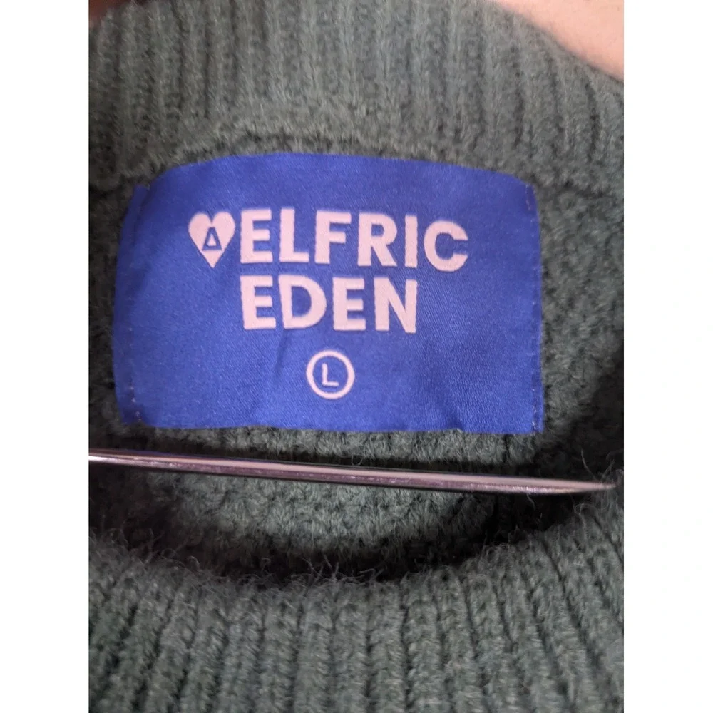 Elfric Eden Sweater Men's L Green Cable Knit Crew Neck Relaxed Fit Geometric